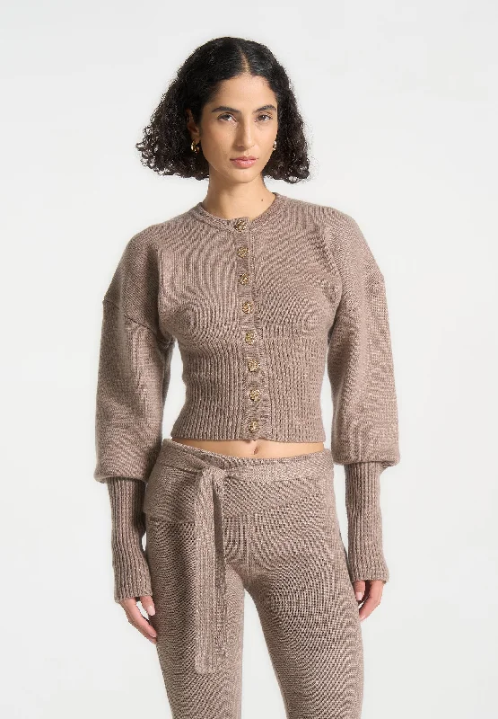Knitted Cinch Waist Cardigan - Taupe Fleece Cardigan Nylon Polyester
