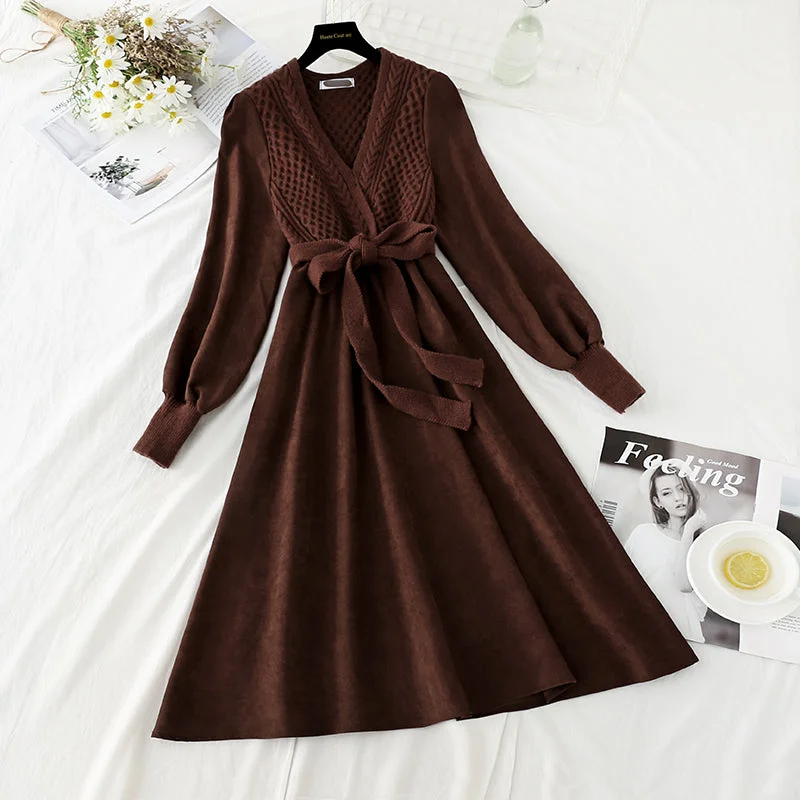 New V-neck twist knit stitched bubble sleeve knee length small black skirt  4760 zip skirt side