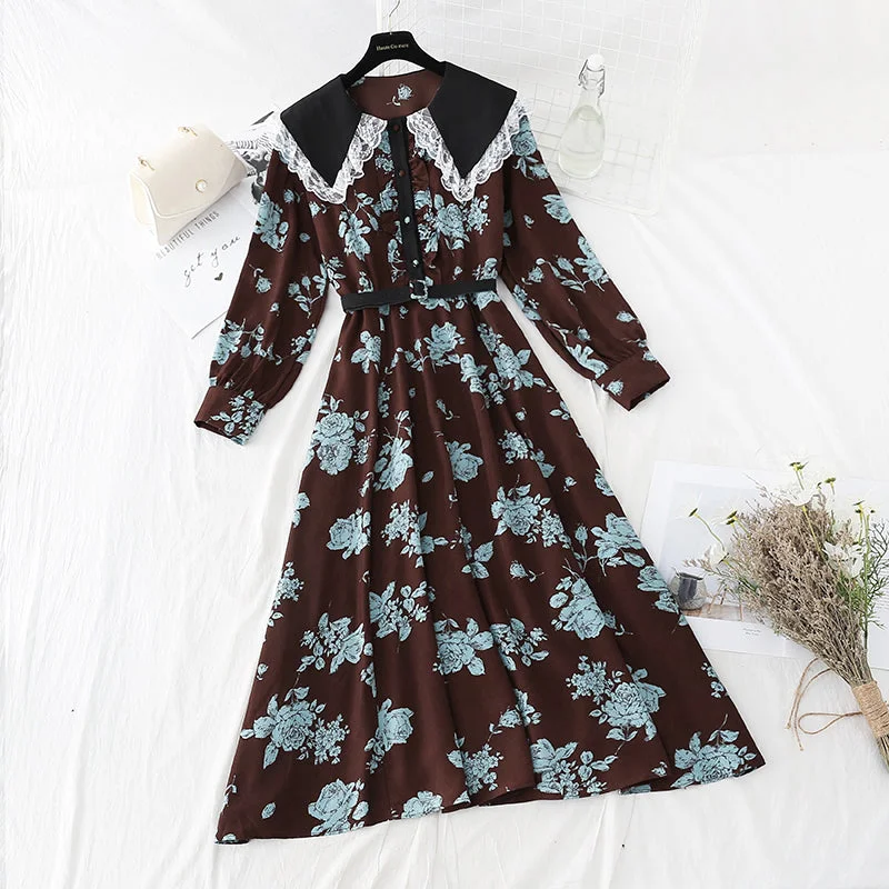Slim temperament gentle wind retro Lapel lace stitched Chiffon Skirt  4809 denim skirt fashionable