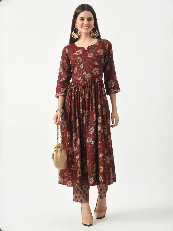 Women's Maroon Foil Printed Nyracut Kurta With Pant Set - Taantav Elegant Dress Pants