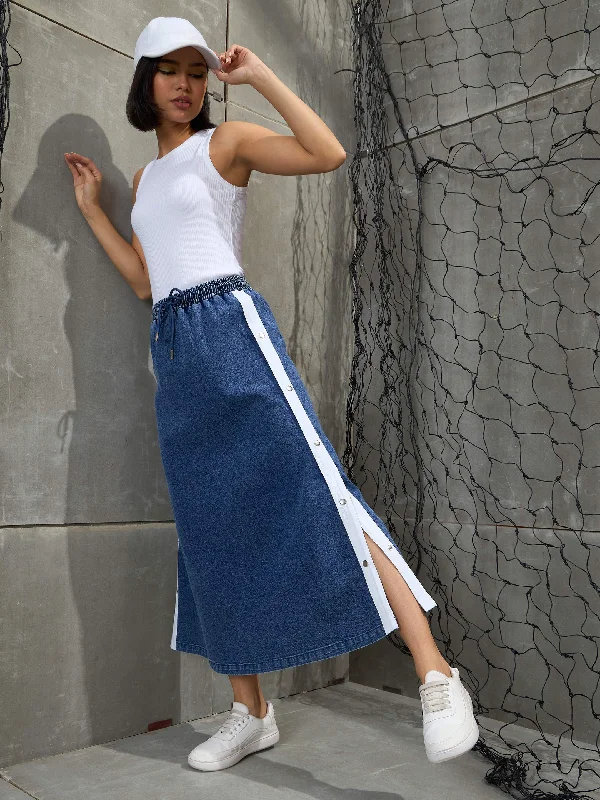 Women Blue Blast Contrast Tape Maxi Skirt silk skirt sleek