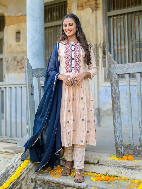 Women's Peach Cotton Silk Embroidered A-Line Kurta Pants Set With Dupatta - Vaaba Modern Stretch Trousers