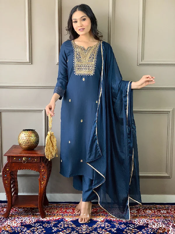 Women's Blue Rayon Slub Embroidery Work Kurta With Pant And Duppata Set - Dwija Fashion Comfortable Cargo Pants
