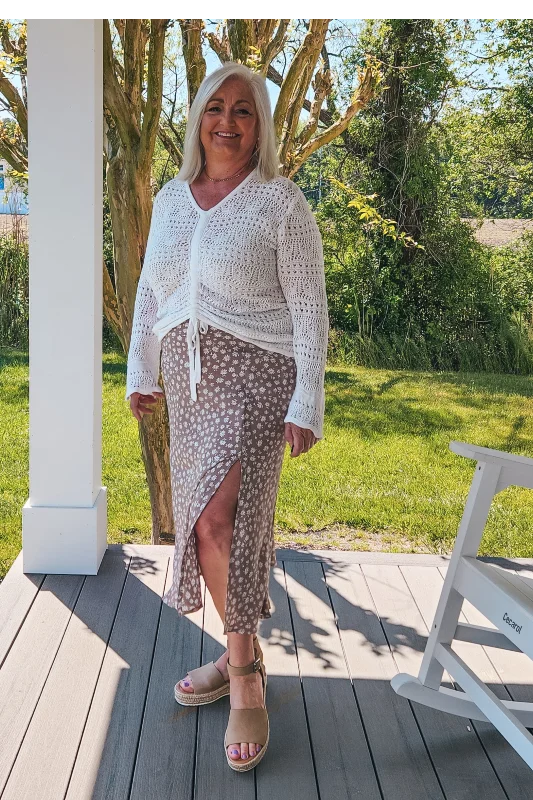 Floral Side Slit Bias Midi Skirt - Taupe high slit skirt