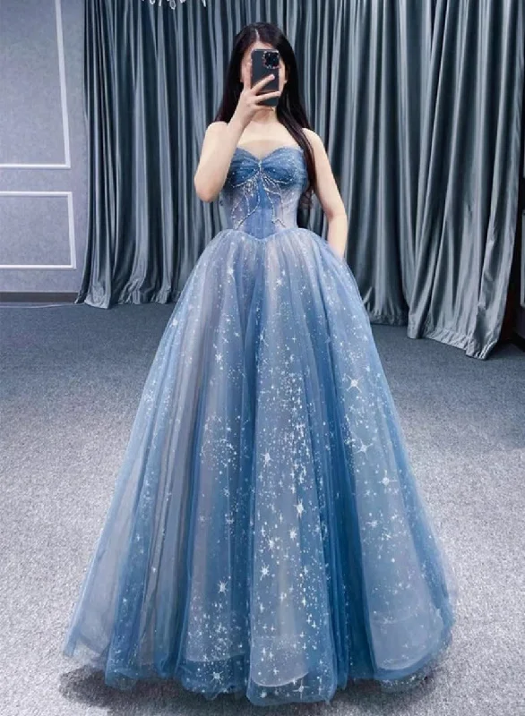 Blue Straps Beaded Tulle A-line Long Party Dress, Blue Fashionable Floral Prom Dress Pencil Length Work
