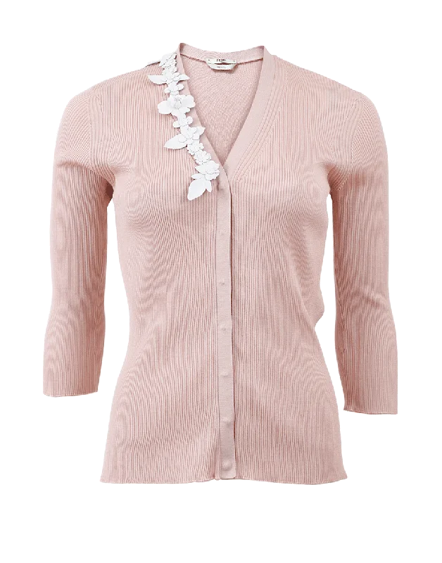 Floral Trim Cardigan Front Pockets Side Pockets Patch Pockets