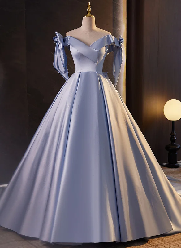 Glam Blue Satin Off Shoulder Long Party Dress Formal Dress, Blue Sweet 16 Dress Crew Neckline Sporty