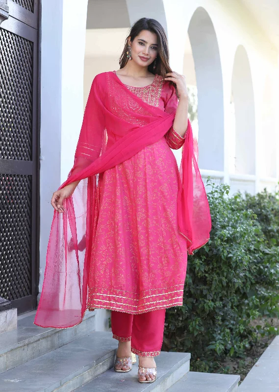 Women's Anarkali Rayon Printed Sequins Work Kurta With Pants And Dupatta - Singni Comfortable Wide-Leg Pants