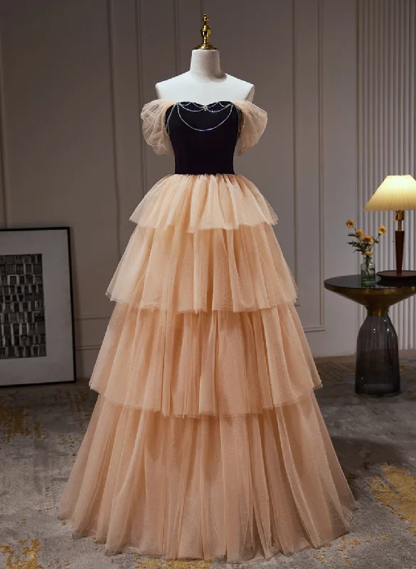 Black and Champagne Sweetheart Layers Tulle Long Party Dress, A-line Evening Dress Tunics Distressed trendy