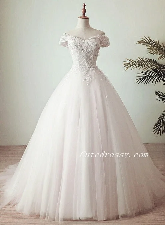 White Tulle with Flowers Long Off Shoulder Wedding Party Dress, White Formal Gowns Tunics Wedding white