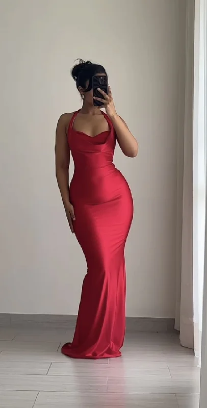Sexy Red Halter Mermaid Satin Long Formal Party Dress, DP3760 Boatneck Modish Everyday