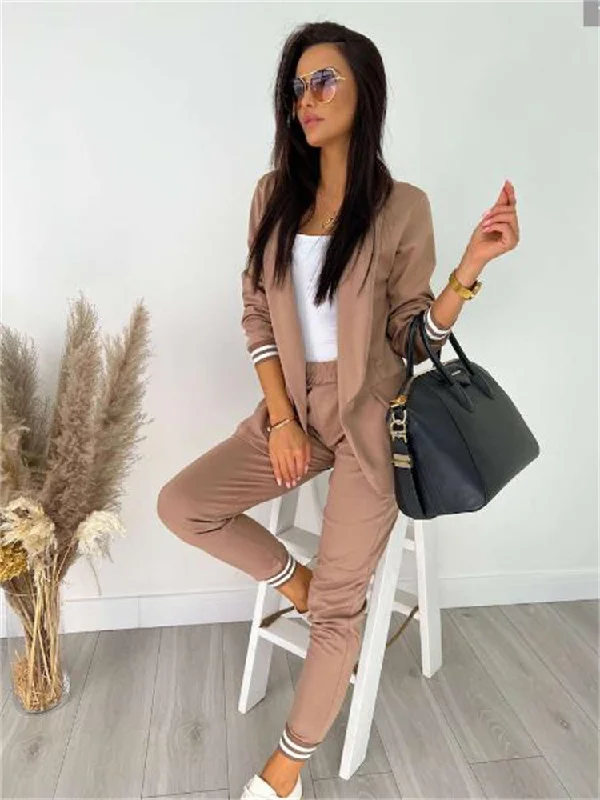 Women Solid Color Long Sleeve Lapel Top And Pants Casual Two Piece Set Chic Faux Leather Pants