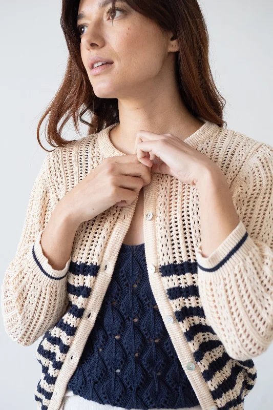 Bibi Openwork Oversize Cardigan Two-Tone Beige Front Pockets Side Pockets Patch Pockets