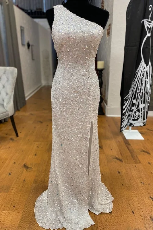 One Shoulder Mermaid Sequined Long Prom Dress Party Dress ,DP401 Pleated Skirt Elegant