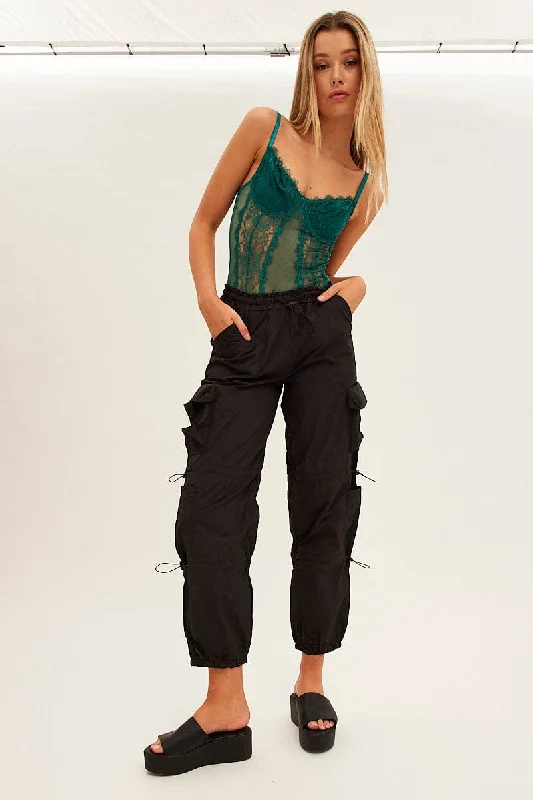 Black Low Rise Cargo Pants Comfortable Denim Leggings