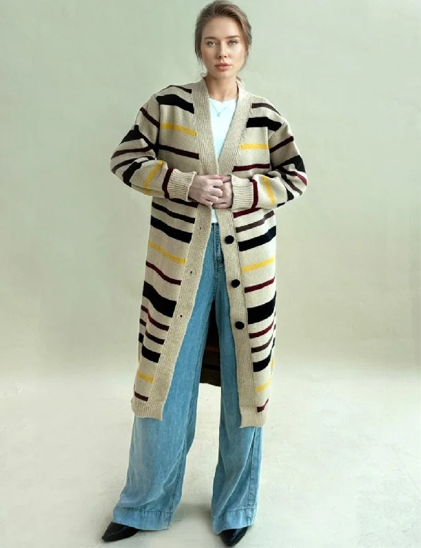 Ladies Striped V-Neck Button Down Cardigan SKT4686 Hooded Caped Shawl Collar