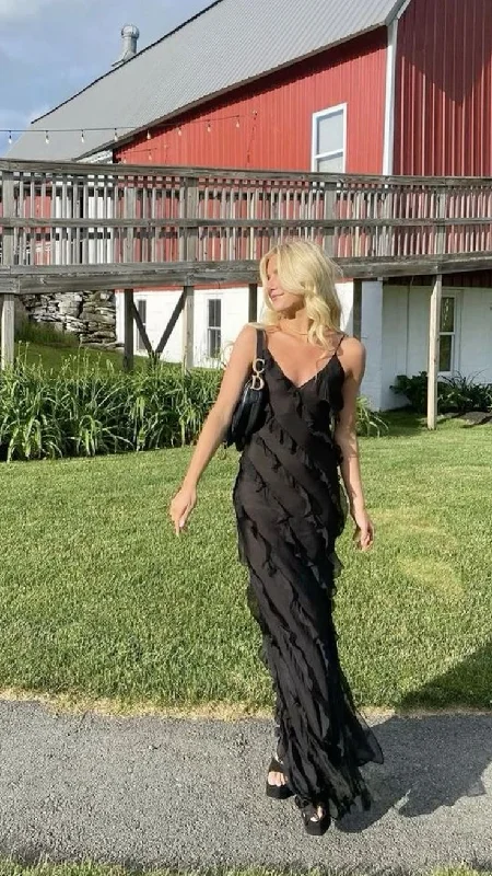 Black Spaghetti Straps Ruffle Mermaid Long Party Dress Wedding Guest Dress,DP1893 Tunics Satin smooth