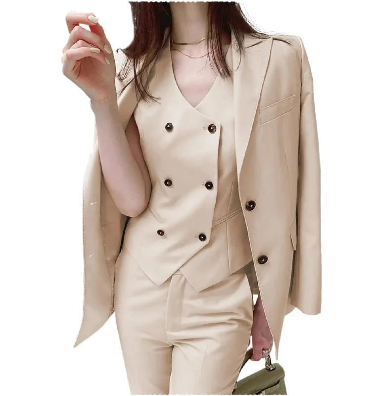 Fashion Slim Fit Peak Lapel Blazer 3 Pieces Women Suit (Blazer+vest+Pants) High-Waist Trousers