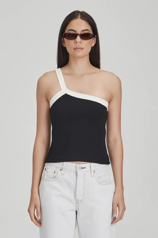 Commoners - Fitted Rib Single Shoulder Tank, Black w/ White v-neck tank top