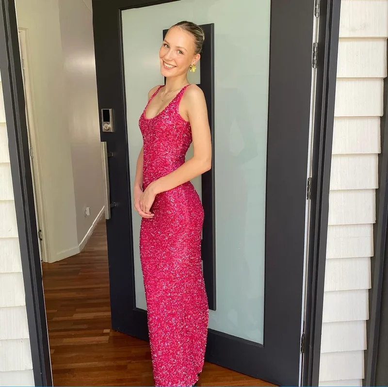 Fuchsia Spaghetti Straps Sequins Mermaid Long Party Dress, DP2633 Turtleneck Warm Winter