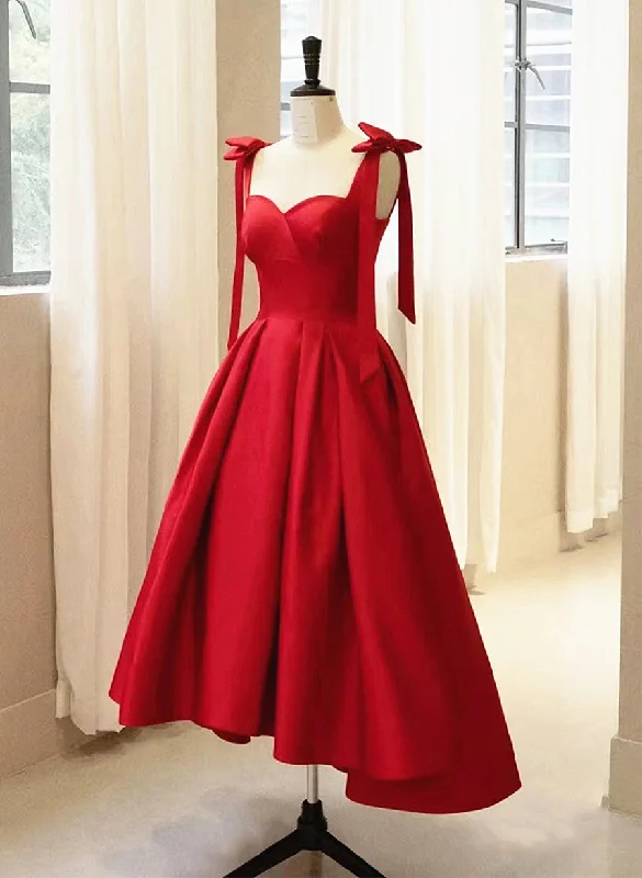Red Satin High Low Straps Party Dress, Red Homecoming Dress Prom Dress empire Waist empire