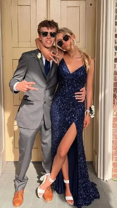 Navy Blue Sequined Mermaid Long Party Dress Graduation Dress, DP2851 Off-the-shoulder Bohemian Festive