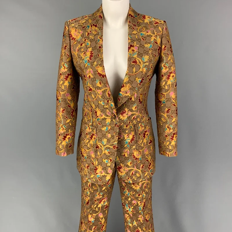 GUCCI Size 4 Tan Gold Brocade Floral Polyester Single Button Pants Suit Sleek Black Pants