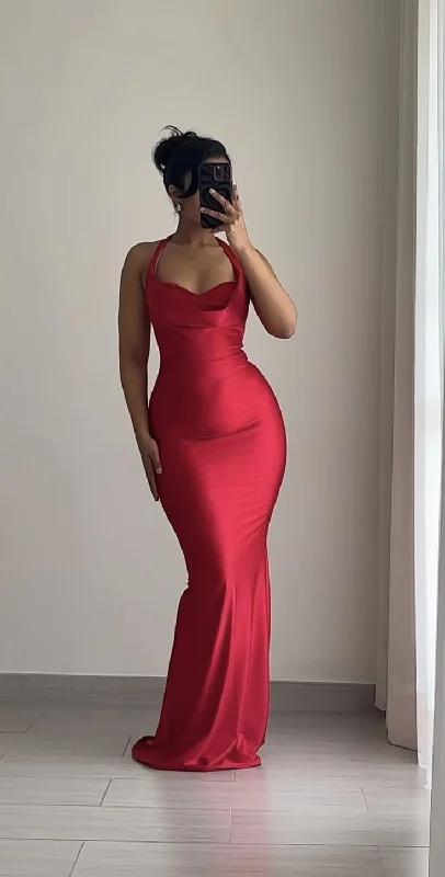Sexy Red Halter Mermaid Satin Long Evening Party Dress, DP4132 Tunics Party sparkling