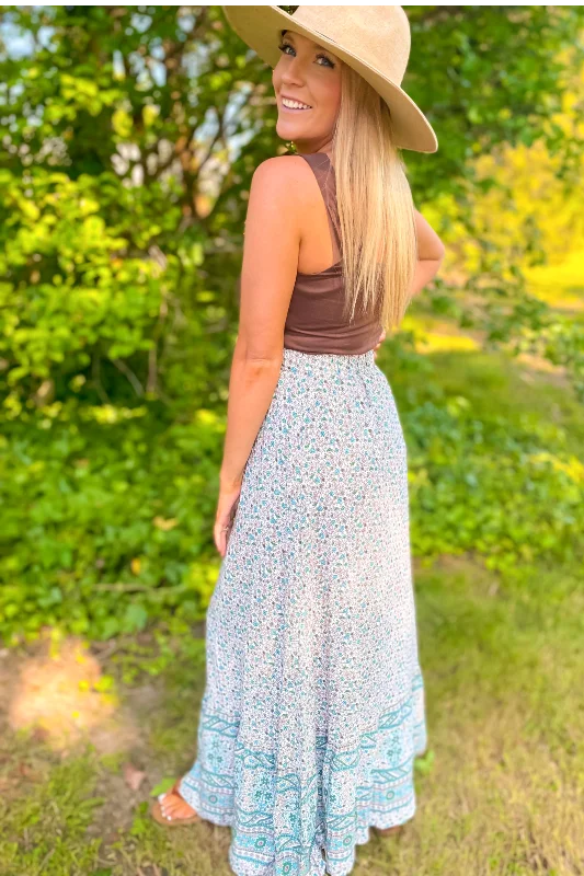Womens Print Maxi Skirt - Green asymmetrical skirt cut