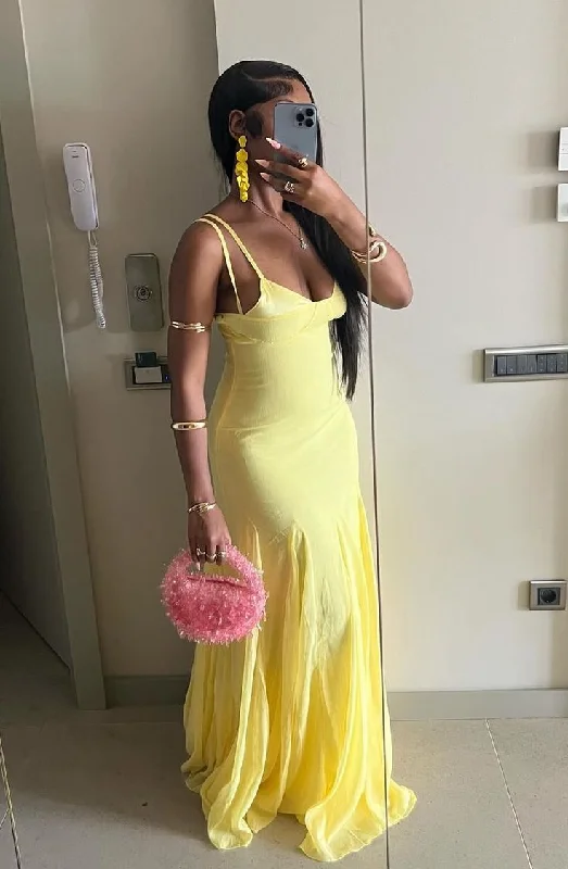 Yellow Spaghetti Straps Mermaid Long Party Dress Wedding Guest Dress DP3852 Bodycon Fitted Nightout