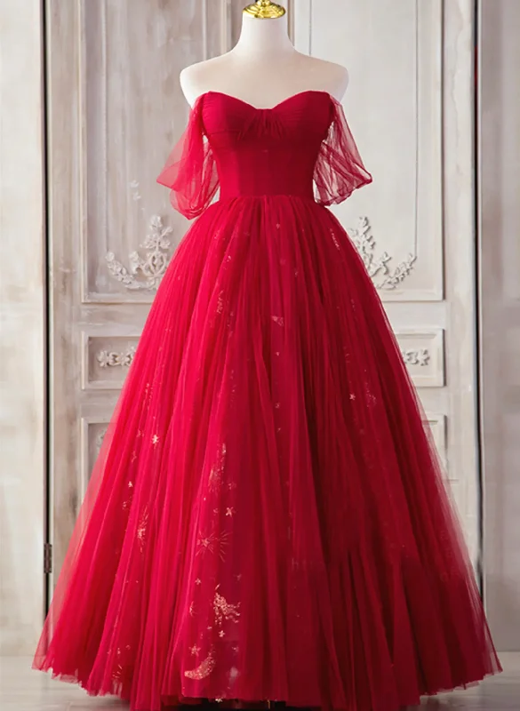 Red Sweetheart Tulle Long Formal Dress, Red Off Shoulder Party Dress Prom Dress empire Waist empire