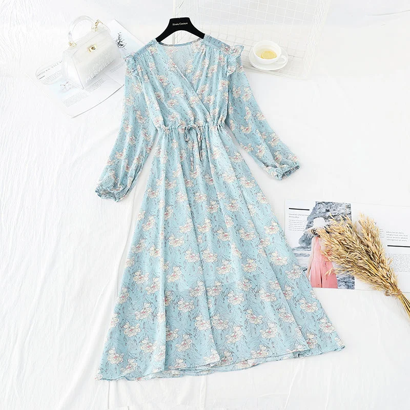 New French retro aging flying sleeve V-neck Chiffon Skirt  4702 low waist skirt
