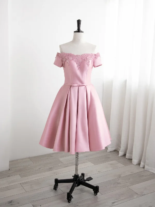 Lovely Pink Satin Short Party Dress Homecoming Dress, Off Shoulder Prom Dress Shift Classic Vintage