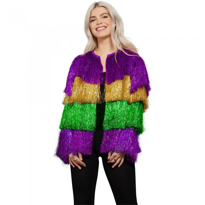 Fever Womens/Ladies Tinsel Mardi Gras Costume Jacket Zippered Front Buttoned Front Snap Front Fever Womens/Ladies Tinsel Mardi Gras Costume Jacket Zippered Front Buttoned Front Snap Front
