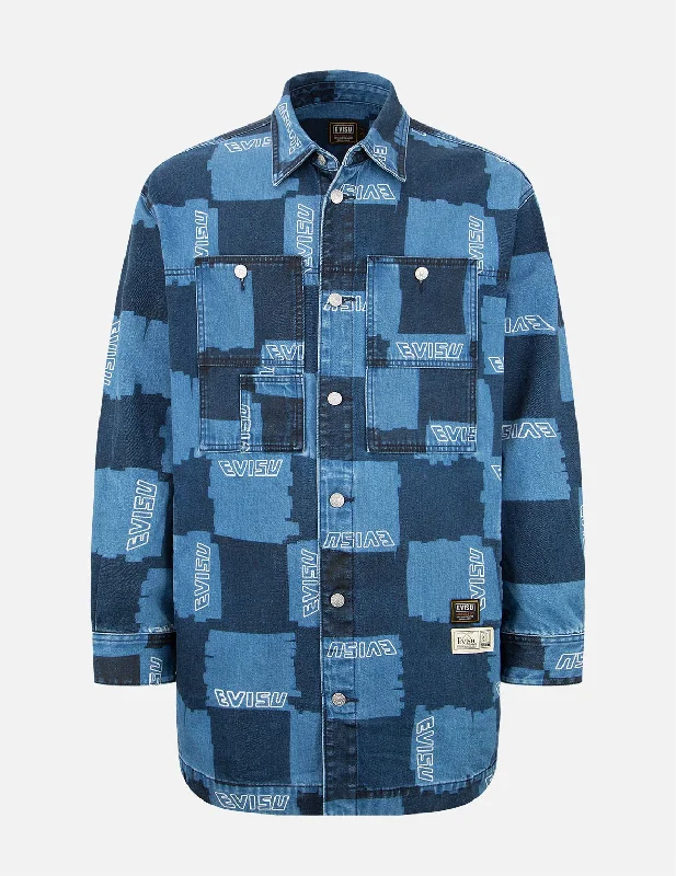 Allover Check Pattern Print Denim Shirt Jacket Zippered Jacket Buttoned Jacket Snapped Jacket Allover Check Pattern Print Denim Shirt Jacket Zippered Jacket Buttoned Jacket Snapped Jacket