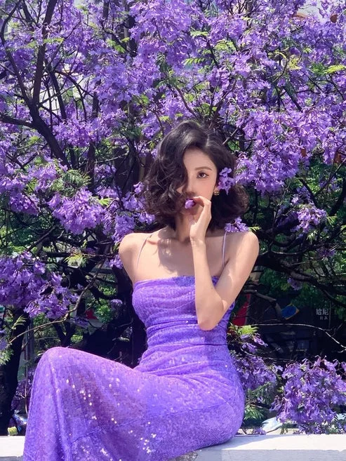 Purple Spaghetti Straps Sequins Mermaid Long Party Dress, DP4345 Tunics Silk luxurious