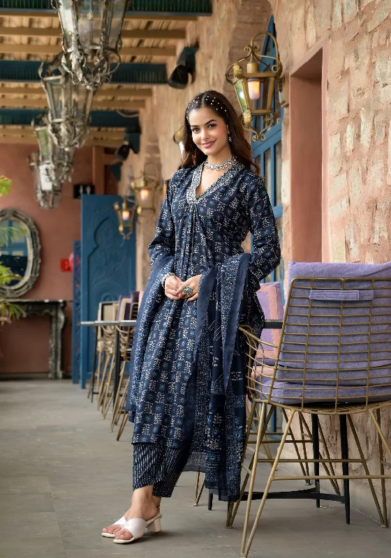 Women's Navy Blue Flower Printed Kurta With Pant And Duppata Set - Dwija Fashion Stylish Paperbag Waist Pants
