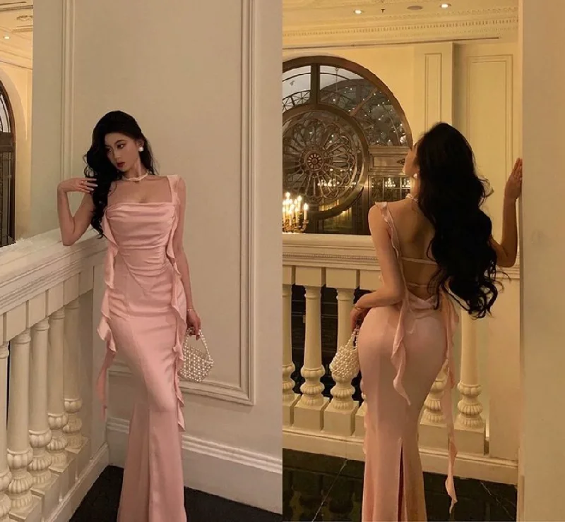 Light Pink Straps Satin Mermaid Long Party Dress Birthday Outfits DP3868 Satin Halter Glamorous