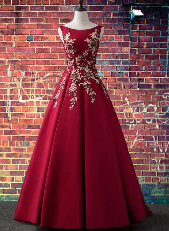 Elegant Satin Long Party Dress with Lace Applique, Dark Red Long Prom Dress Tunics Running lightweight