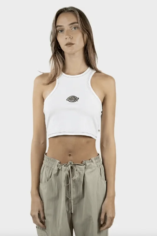 DICKIES LOGO RACER FRONT CROP TANK - WHITE mesh tank top