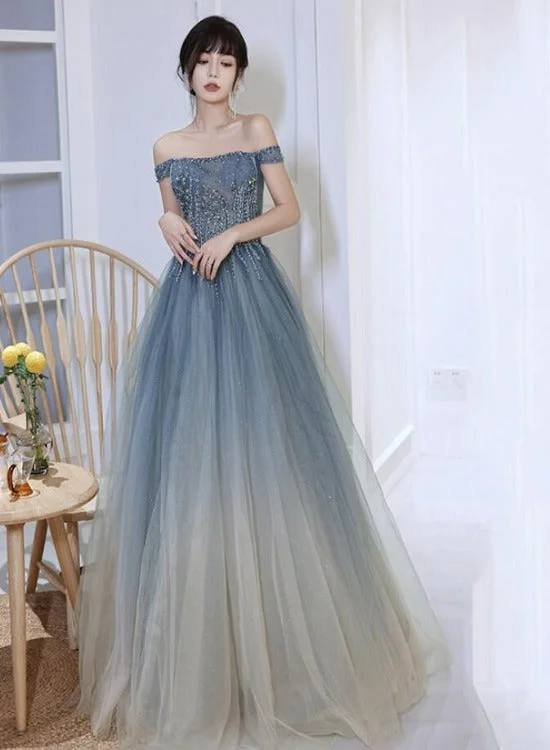 Blue Gradient Beaded Off Shoulder Long Party Dresses, Blue Evening Dresses Prom Dresses Tunics Designer luxury