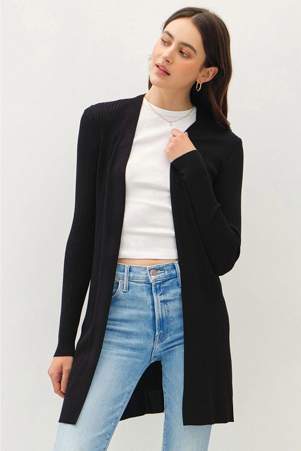 Long Ribbed Duster Cardigan Fitted Slim Tailored