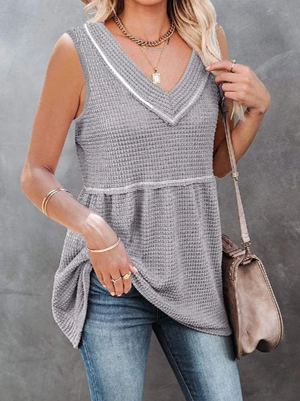 Tops V-Neck Sleeveless Solid Color Waist Tank Top coral tank top