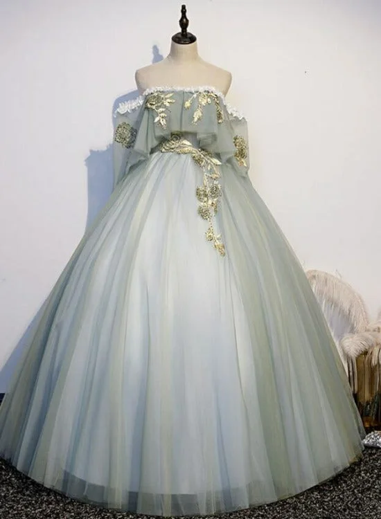 Light Green Tulle Long Party Dress Sweet 16 Dresses, Off Shoulder Prom Dresses Tunics Review highly