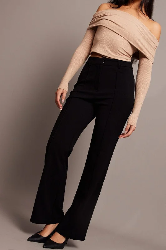 Black Straight Fit Pants High Rise Workwear Slim Fit Casual Pants