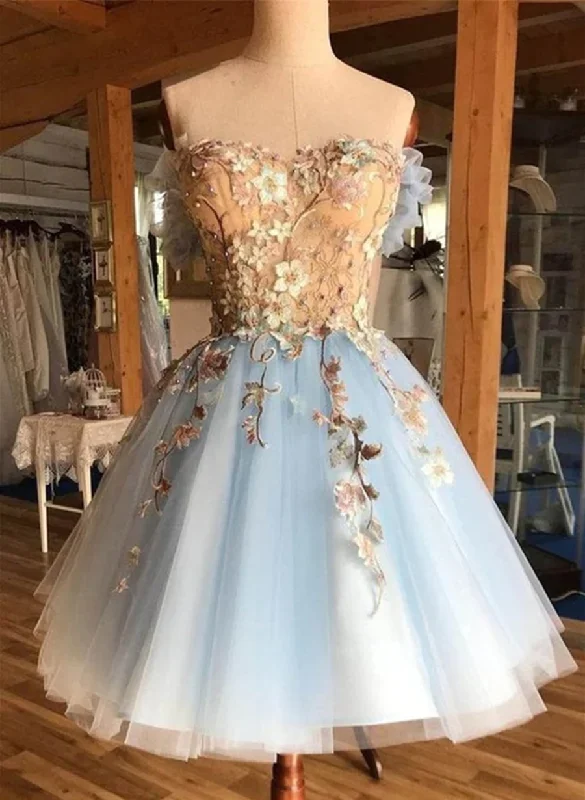 Light Blue Tulle with Flowers Short Party Dress, Blue Homecoming Dress Prom Dress Tunics Solid Classic