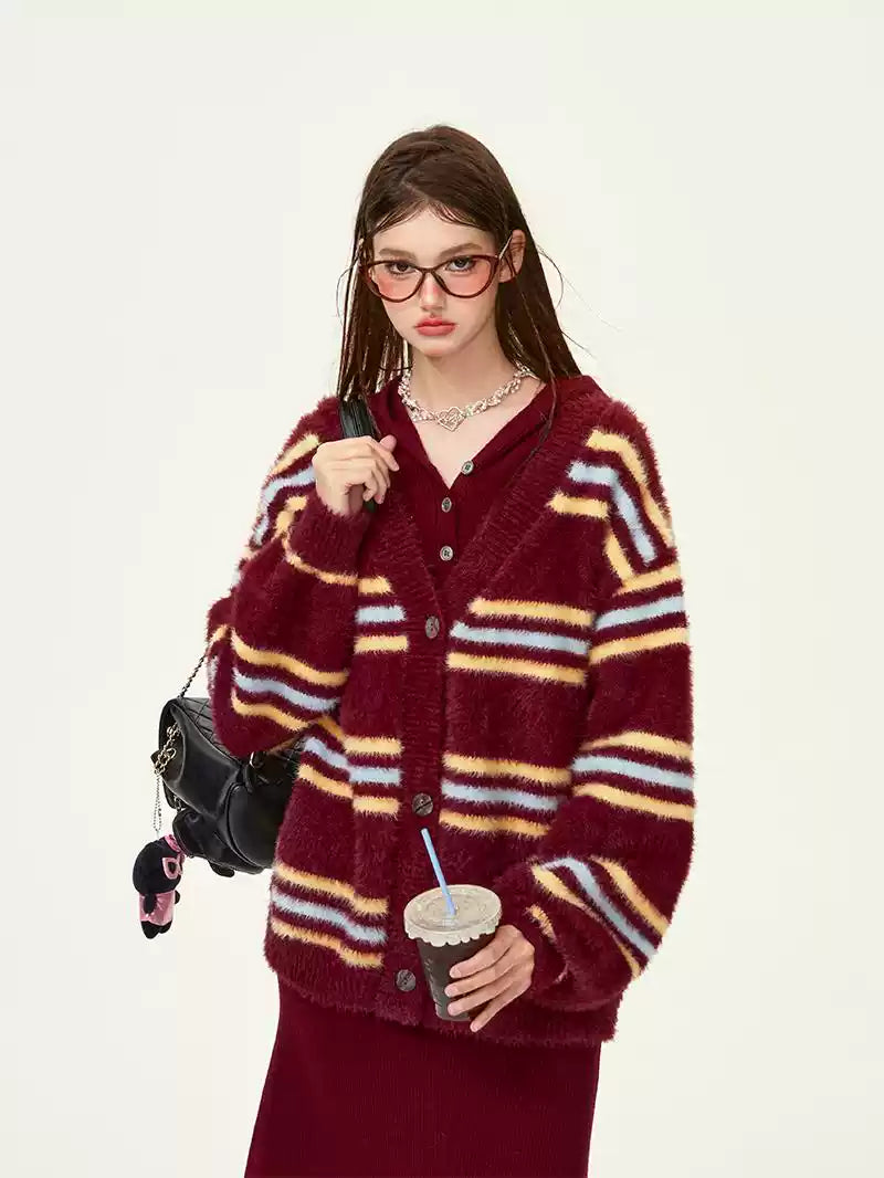 Retro Striped Loose Lazy Style Sweater Cardigan GIF0069 Embroidered Appliqued Beaded