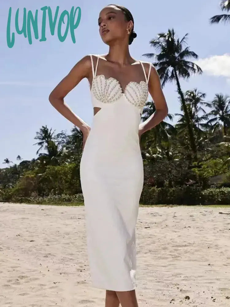 Lunivop New Summer Fashion Women Sexy V Neck Beading White Black Bodycon Midi Bandage Dress Elegant Evening Club Party Dress Chiffon Maxi Beach
