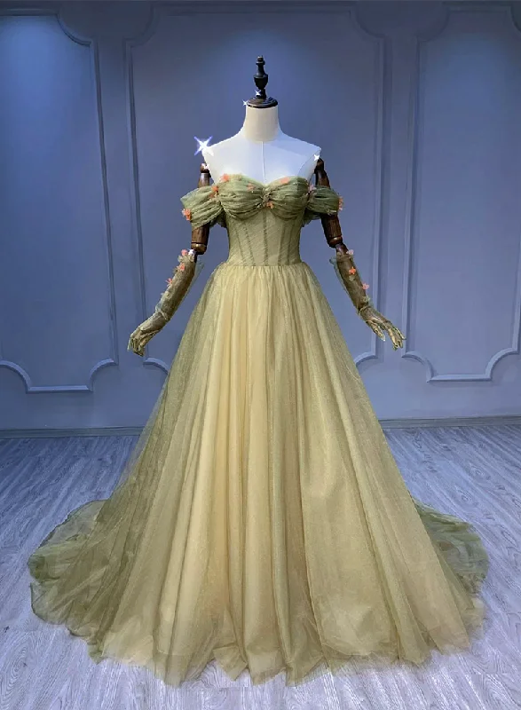 Beautiful Light Green Sweetheart Flowers Long Party Dress, Green Tulle Formal Dresses Tunics Party sparkling
