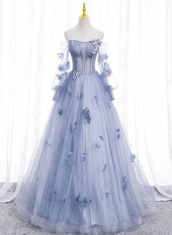 Light Blue Tulle Long Formal Dress Party Dress, Ball Gown Floral Sweet 16 Dress Tunics Timeless classic